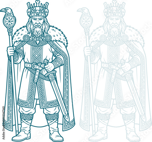 Foto Viking King Standing with Staff and Sword Line Art Illustration