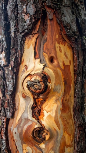 A close-up of a tree trunk with a unique, swirling pattern