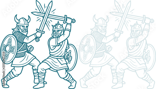 Cuadro en lienzo Viking Warriors Fighting with Swords and Shields in Line Art Style