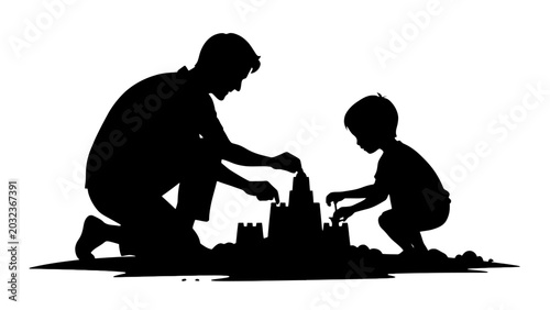 Photography Father, son building sandcastle, black silhouette, family fun, beach activity
