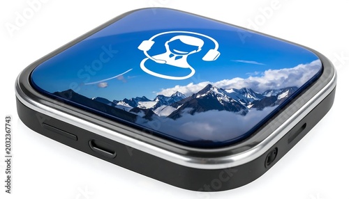 A sleek, modern, square-shaped electronic device, featuring a glossy screen displaying a mountain scene. The device's face has a symbol of a person listening