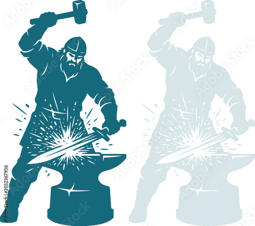 фотографія Viking Blacksmith Forging Sword on Anvil with Hammer, Vector Illustration