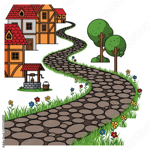 Medieval Village Path with Houses and Trees Vector Illustration