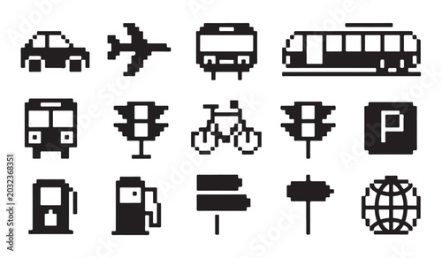 Retro pixel art icon set showing various types of transport vehicles and road traffic signs.