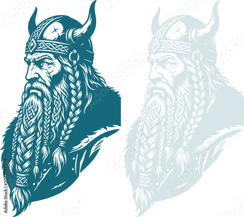 Foto Viking Warrior Portrait with Braided Beard and Horned Helmet Vector Illustration