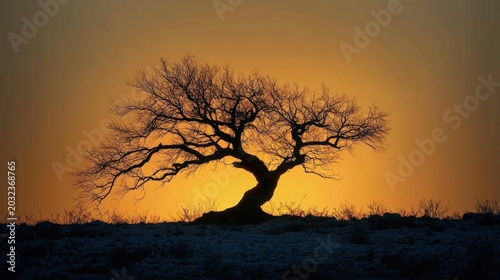 Silhouette Of A Solitary Tree Against A Vibrant Orange Sunset Sky And A Field Of White Flowers