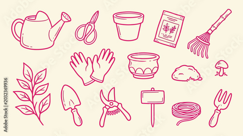 Foto A collection of hand-drawn gardening tools and supplies, perfect for illustrating a love of plants and nature