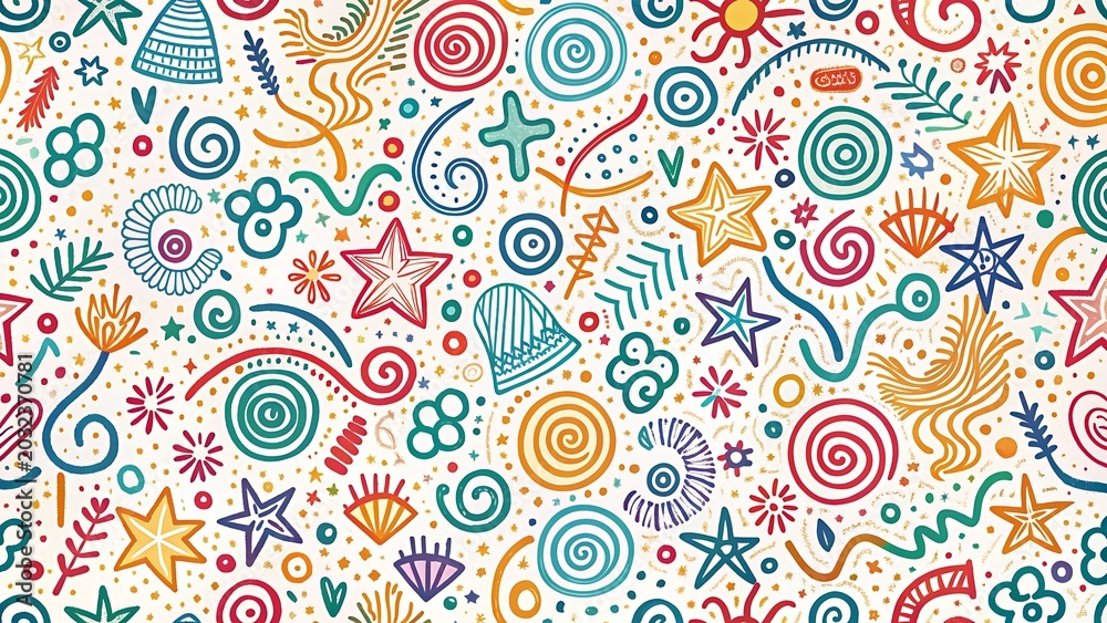 Fototapeta premium Fun colorful line doodle seamless pattern. Creative minimalist style art background for children or trendy design with basic shapes.