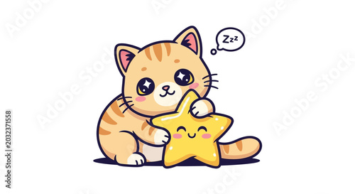 Billede på lærred Cute Cartoon Cat Holding a Star Vector Illustration