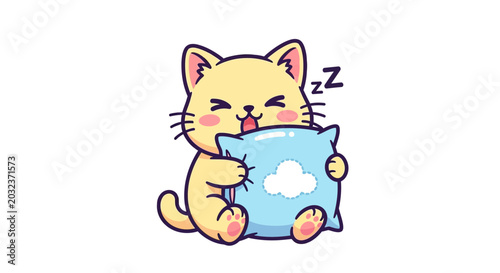 Tableau sur toile Cute Cartoon Cat Hugging a Soft Pillow