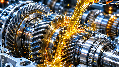 Shiny metal gear lubricant machinery engineering industry closeup mechanical precision