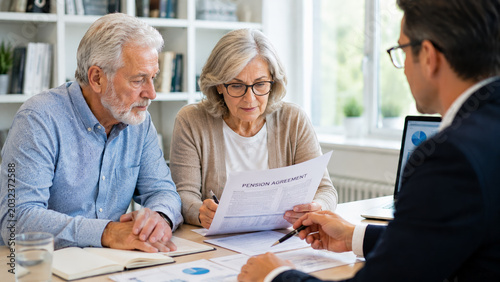 Senior couple, financial advisor, pension agreement, retirement planning, consultation, serious