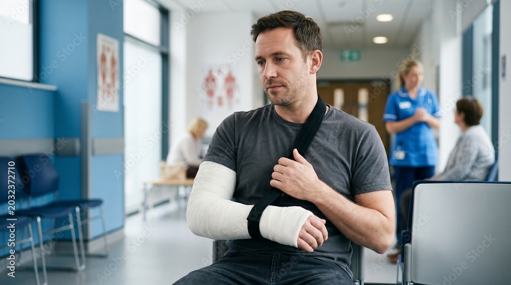 Fototapeta premium A man with a broken arm in a white cast and a supportive black bandage belt sits sadly in the corridor of the hospital, waiting for an appointment.