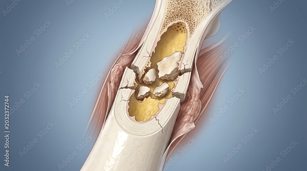 Obraz premium Medical illustration of a complex multi-fragmented fracture of a tubular bone with small fragments in the medullary canal on a blue background.