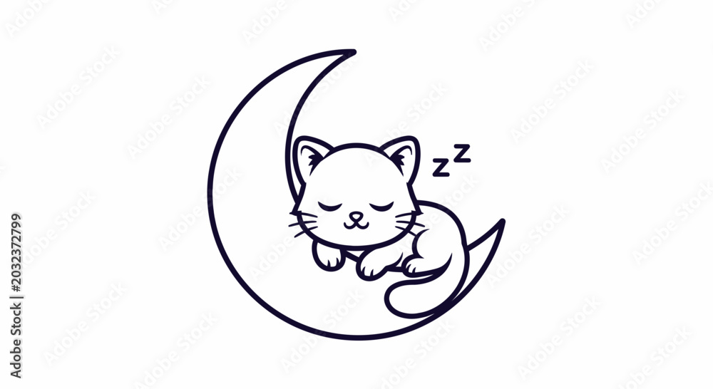 Obraz premium Cute Sleeping Kitten Resting on a Crescent Moon Line Art