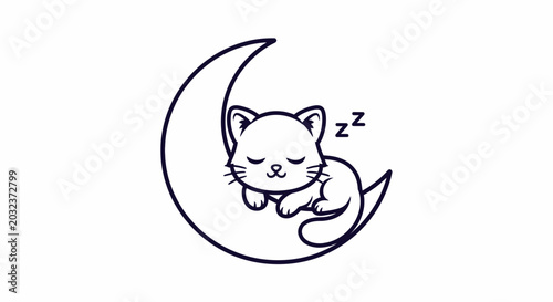 Schilderij op canvas Cute Sleeping Kitten Resting on a Crescent Moon Line Art
