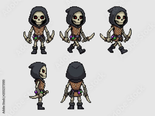 Foto pixel art of a skeleton rogue character wearing a dark hooded cloak and leather vest, holding twin curved daggers