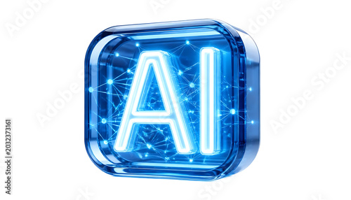 3D glossy blue AI artificial intelligence network icon isolated on transparent background