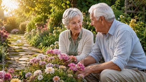 An elderly couple enjoys gardening together, smiling and tending colorful flowers in a sunlit garden path.