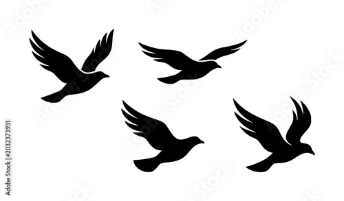 Bilde på lerret Four Black Bird Silhouettes in Dynamic Flying Motion Isolated on White Backgroun