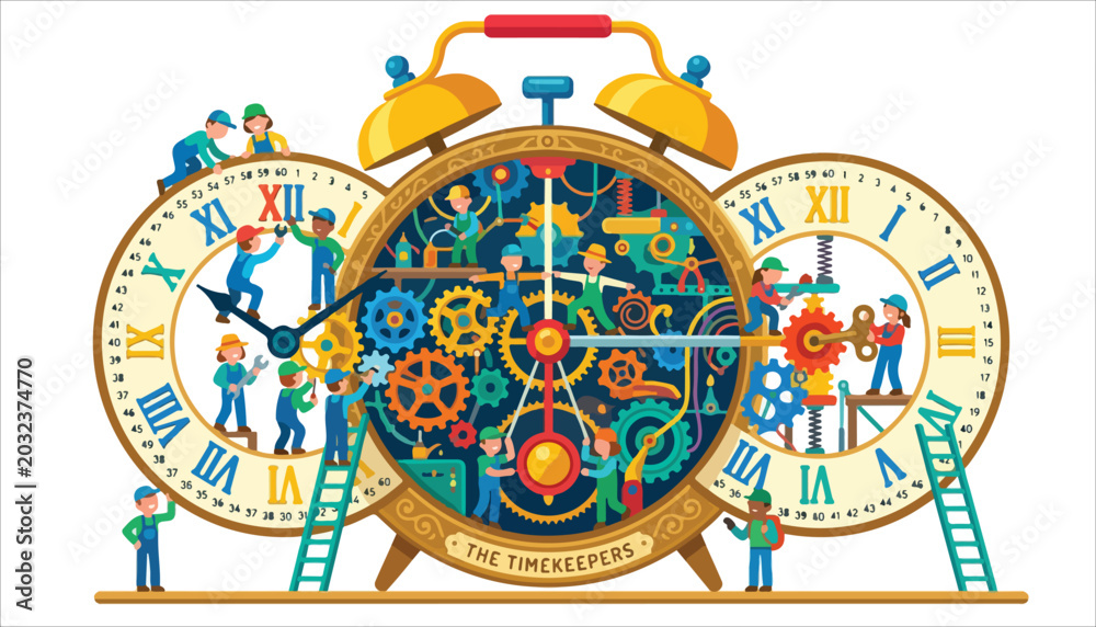 Naklejka premium Illustration of people working inside giant clock mechanisms.