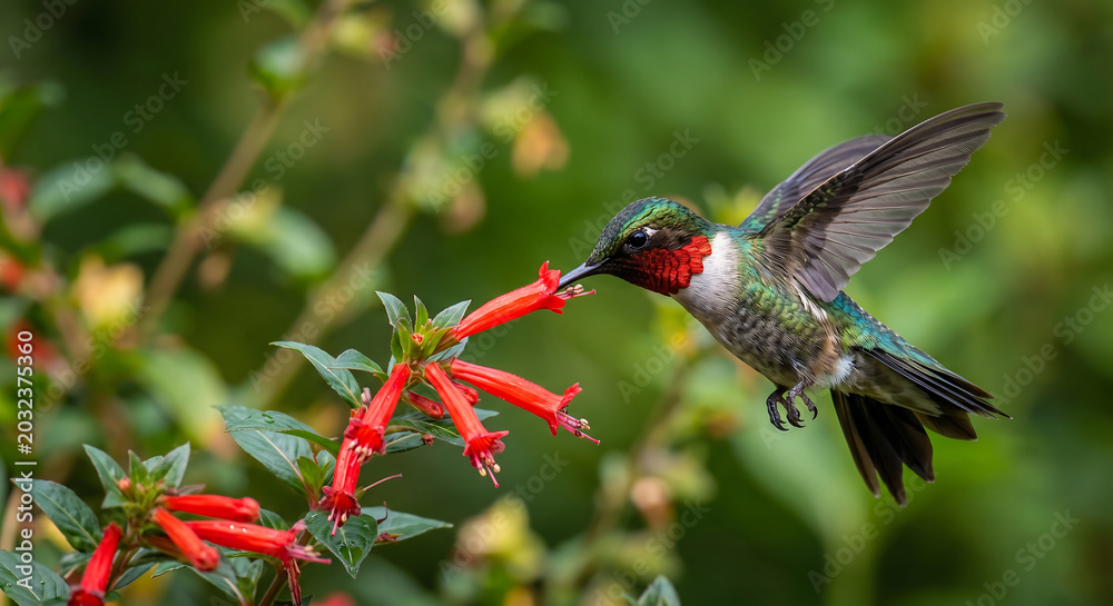 Fototapeta premium Small colorful hummingbird drinking nectar from red flowers with a soft green background bokeh