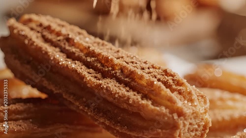 Closeup of churros being sprinkled with cinnamon sugar.