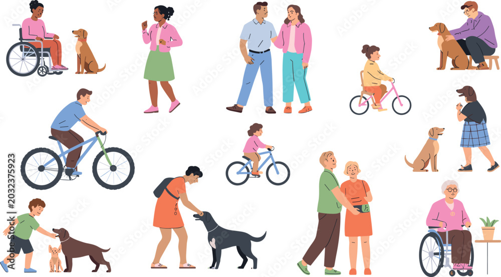 Fototapeta premium Diverse People in Park Character Vector Set with People Riding Bicycles, Walking Dogs, and Elderly Wheelchair Users for Community Graphic Designs