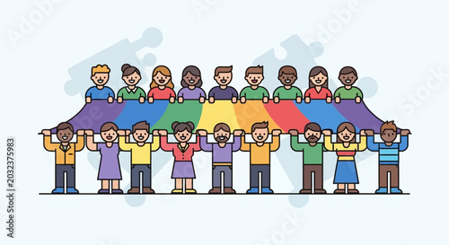 Fotografija Diverse Group of People Holding Up a Colorful Rainbow Fabric Together