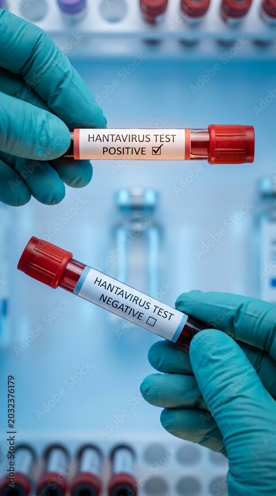 Naklejka premium Urgent biohazard labeled Hantavirus specimen with virus particle visualization for disease research and diagnostic confirmation analysis