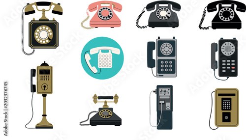 Fotografie Vintage Retro Telephone Vector Icon Set with Antique Rotary Dial, Payphone, and