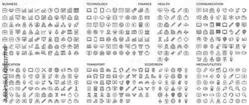 Comprehensive set of universal line icons featuring business technology finance and health categories ideal for modern web and mobile UIUX design