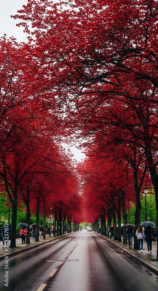 Fototapeta premium Vibrant Red Trees Lining City Street.