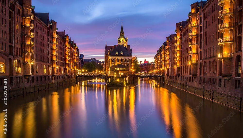 Fototapeta premium Canal with buildings and church tower.