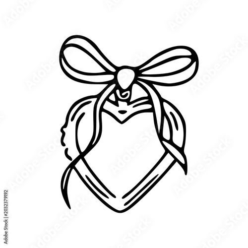 romantic heart shape with ribbon bow vector illustration in line art style