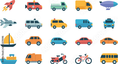 Flat Transportation Vector Icon Set with Cars, Trucks, Airplane, Rocket, and Boats for Travel Logistics and Educational Toy App UI Graphic Designs