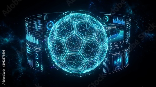 glowing holographic soccer ball surrounded by digital data analytics interface