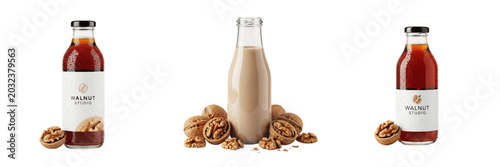 Walnut illuminated fluid drink liquid extract showcasing organic plant emulsion parameters, distinct cellular taxonomy traits, botanical fluid properties, food nutrition elements within culinary