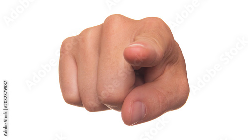 Cuadro en lienzo Hand pointing index finger directly at camera isolated on transparent background
