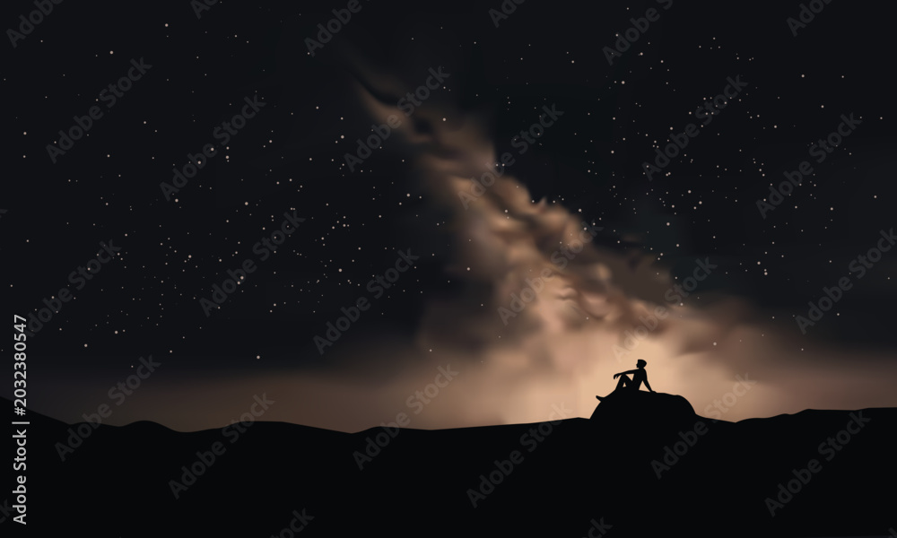 Fototapeta premium a man sitting alone under milky way