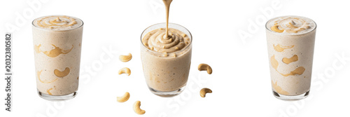 Cashew viscosity fluid smoothie liquid extract showcasing organic plant emulsion parameters, distinct cellular taxonomy traits, botanical fluid properties, food nutrition elements within culinary