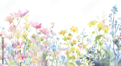 Beautiful Watercolor Illustration of a Wildflower Meadow with Soft Pastel Flowers.