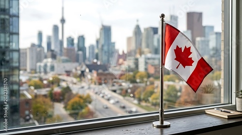 Canadian Flag on Windowsill with Blurred Toronto City Skyline Background