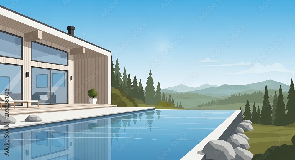 Obraz premium Modern Luxury Minimalist Villa with Infinity Pool and Scenic Mountain Forest View Illustration