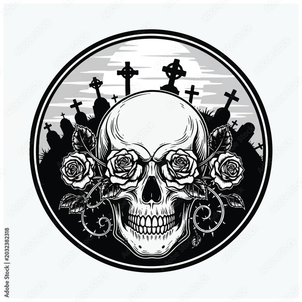 Fototapeta premium Black and white skull with roses.