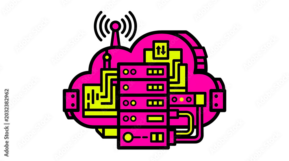 Fototapeta premium Cloud Computing Infrastructure Illustration with Servers and Signal
