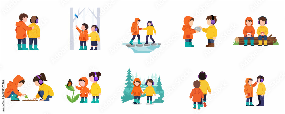 Fototapeta premium Neurodivergent Children Exploring Nature and Playing Together Illustration Set