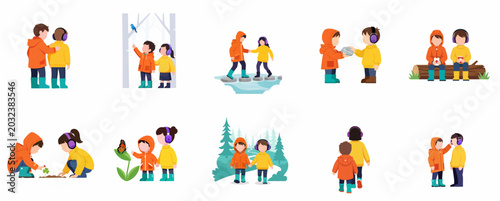Neurodivergent Children Exploring Nature and Playing Together Illustration Set