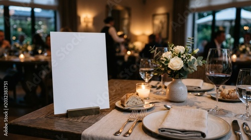 Blank White Menu Holder Mockup On Restaurant Table Setup Luxury Hospitality Aesthetic Soft Ambient Lighting
