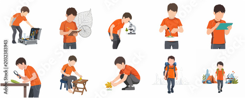 Cuadro en lienzo Vector set of young boy exploring nature, conducting scientific experiments, and using STEM tools like microscope and magnifying glass